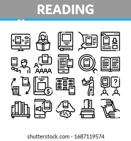 Leyendo vectores de conjunto de iconos de colección de libros de biblioteca. Leer Y Aprender, Smartphone E Informática E-book, Shelf Con Literatura Concepto Pictogramas Lineales. Ilustraciones de contorno monocromo