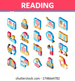 Reading Library Book Collection Icons Set Vector. Reading And Learning, Smartphone And Computer Education E-book, Shelf With Literature Isometric Illustrations
