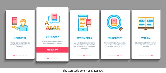 Lesen Sie Library Book Onboarding Mobile App Page Screen Vektorillustration. Lesen und Lernen, Smartphone- und Computerpädagogik-E-Book, Bücher mit Farbtondarustrationen der Literatur