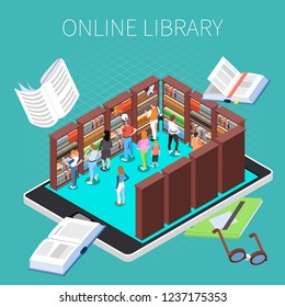 Reading and library composition with online library symbols isometric vector illustration