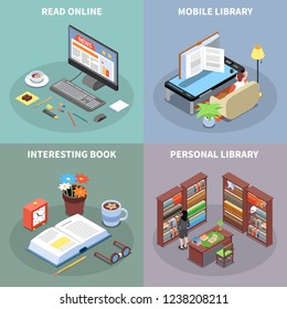 Reading and library concept icons set with mobile library symbols isometric isolated vector illustration