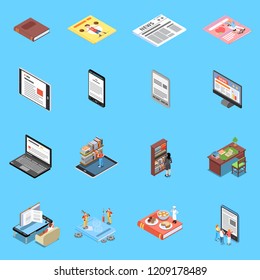 Reading and library icons set with modern technology symbols isometric isolated vector illustration