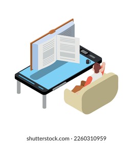 Reading and library isometric composition with reading information icons on blank background vector illustration