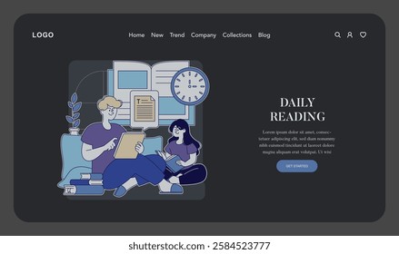 Reading lifestyle focus on comfort and exploration. Two people engage in reading at home, symbolizing relaxation and personal growth. This scene promotes a love for literature and daily habits. Vector