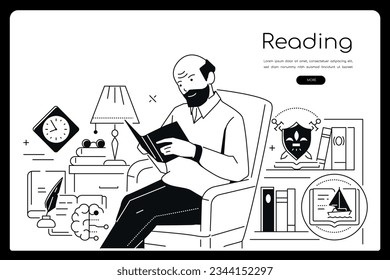 Reading - line design style banner with copy space for text. Composition with adult man enjoying his home library. Knowledge and information, bookshelf, smart man and professor idea