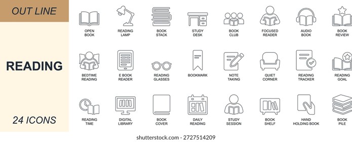 Ícone de linha de leitura definido. Apresentando símbolos de livro, estudo, marcador, e book, audiobook, leitor e prateleira. Perfeito para projetos de interface do usuário, aplicativos educacionais, planejadores e bibliotecas.
