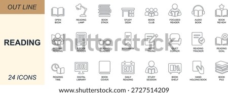 Reading line icon set. Featuring book, study, bookmark, e book, audiobook, reader, and shelf symbols. Perfect for UI, education apps, planners, and library projects.