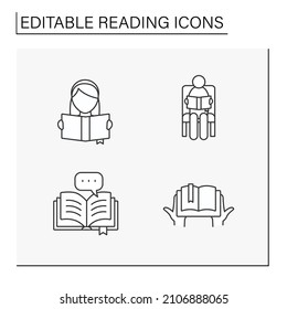 Reading line icons set. Process of acquiring skills and knowledge. Lesson at library. Reading concept. Isolated vector illustrations. Editable stroke