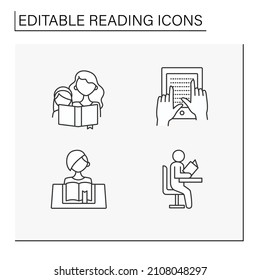 Reading line icons set. Process of acquiring skills and knowledge. Braille e-book. Reading concept. Isolated vector illustrations. Editable stroke