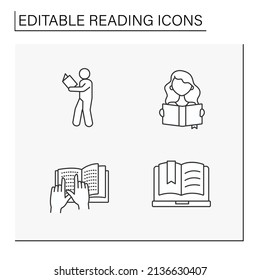 Reading line icons set. Process of acquiring skills and knowledge. Braille book. Reading concept. Isolated vector illustrations. Editable stroke