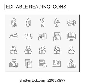 Juego de iconos de línea de lectura. Proceso de adquisición de habilidades y conocimientos. Lección en la biblioteca. Concepto de lectura. Ilustraciones vectoriales aisladas. Trazo editable