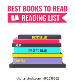 Reading list, Best books to read concept. Horizontal stack of colored books. Vector illustration.