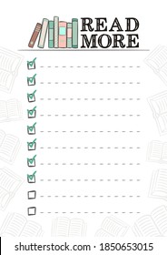 Reading list with checkbox. Title Read more and check lines. Hand-drawn books on a bookshelf. Vector illustration for a library, school, university