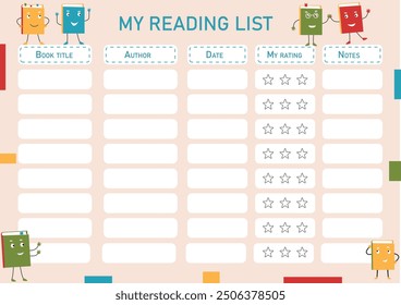 Leseliste für Kinder mit lustigen Büchern. Buchlesetracker, Journal für Fortschrittsverfolgung und Motivation für Kinder. Diagramm für Schule, Buchklub, Literaturunterricht. Vektorgrafik.