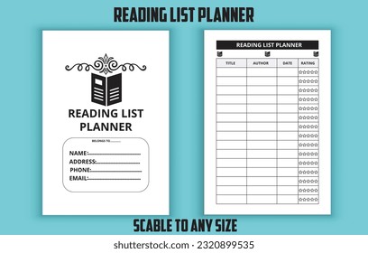 Reading list planner. study planner. lesson planner. Low content kdp interior design template