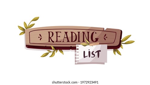 Reading list sign with hand drawn lettering for Bookstore, bookshop, library, book lover, bibliophile. Isolated vector illustration for card, postcard, poster, banner.