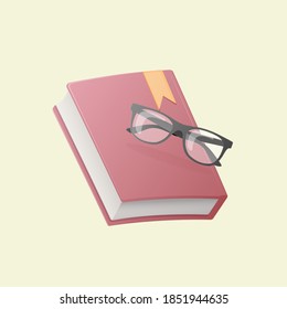 Reading literature book. Vector illustration. Glasses and closed book on yellow background.