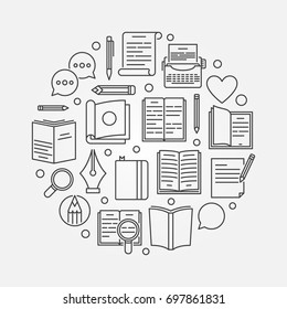 Reading or literature circular illustration - vector round symbol made with book icons in thin line style