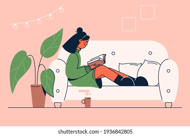 Reading, literature, favourite hobby concept. Happy young girl cartoon character sitting on sofa with coffee and reading book alone at home vector illustration 