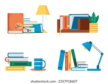 Reading literature, flat book stacks and piles for study. Table with textbooks and lamp, glasses or cup. Shelf book for education. Academic books for school, college or university vector set