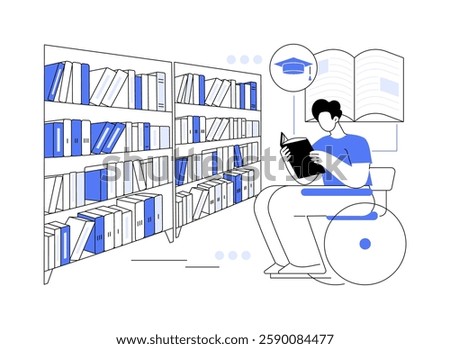 Reading literature isolated cartoon vector illustrations. Student in wheelchair reading literature at library, getting ready for university classes, solo work, book diversity vector cartoon.
