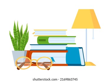 Reading literature stack, book table lamp and glass. Vector textbook for study, literature in library table, knowledge in book to learn illustration