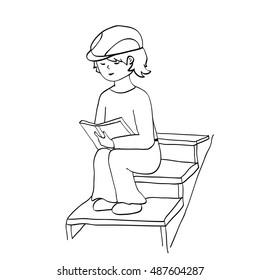 Reading little boy. Outline vector illustration.
