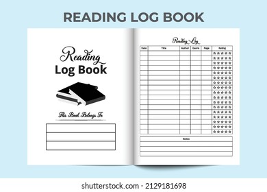 Reading log book interior. Book reading journal and reader expression tracker template. Reading review journal interior. Interior of a notebook. Book review tracker journal.