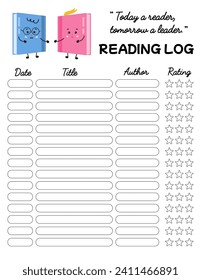 Reading log with book tracker. Reading chart, tracking progress, rewarding book. For kids, schoolers, libraries, school literature lesson. Reading motivation blank with books, page for bullet journal.