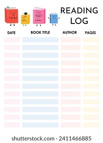 Reading log for kids. Printable reading book tracker, chart, journal for tracking progress, daily motivation. For literature classes, reading hobby activity, school education, book club.