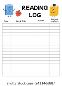 Reading log for schoolers, kids for tracking daily reading progress. Printable chart for book club, literature classes, school lessons, motivation for children to read, libraries. Bullet journal page.