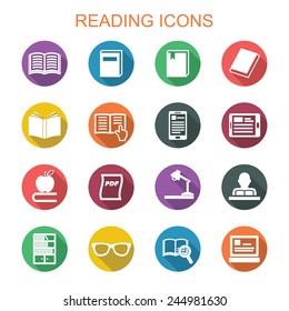 reading long shadow icons, flat vector symbols