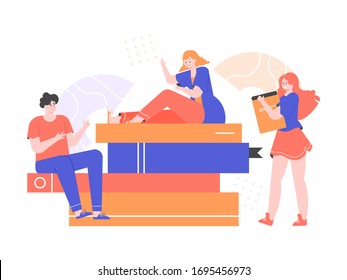 Reading lovers. Book club. Group of people on giant books are discussing. Students study, prepare for the exam. Vector flat illustration.