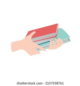 Reading lovers. Books stickers. Hands holding books. Decorative vector design elements. The concept of Read books.