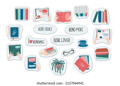 Reading lovers cute set. Books stickers collage. Bookshelf, book pile, love reading handwritten phrase, hands holding books, glasses, indoor flowers. Set of decorative vector design elements.
