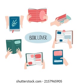 Reading lovers cute set. Books stickers collage. Bookshelf, book pile, love reading handwritten phrase, hands holding books, glasses. Set of decorative vector design elements.