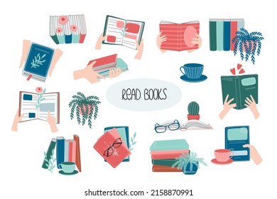 Reading lovers cute set. Books stickers collage. Bookshelf, book pile, love reading handwritten phrase, hands holding books, glasses, indoor flowers. Set of decorative vector design elements.