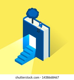 Reading lovers and education themed concept in isometric style, vector. Bookworm related background with house made of opened book