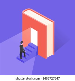 Reading lovers and education themed concept in isometric style, vector. Bookworm related background with house made of book. Training and courses