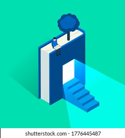 Reading lovers and education themed concept in isometric style, vector. Bookworm related background with house made of opened book