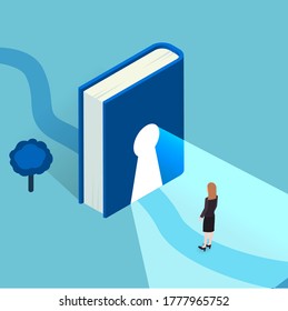 Reading Lovers And Education Themed Concept In Isometric Style, Vector. Bookworm Related Background With House Made Of Book, Keyhole In It And Road