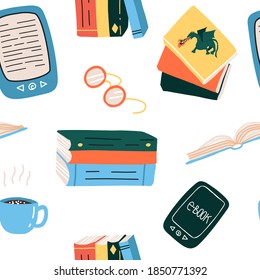 Reading lovers, online education seamless pattern. Various paper and electronic books, fairy tales or myths, glasses, hot chocolate drink with little marshmallows in mug. Vector illustration for print