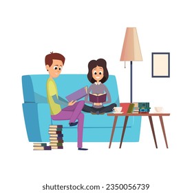 Reading lovers. people sitting on sofa with books happy readers. Vector illustration in cartoon style