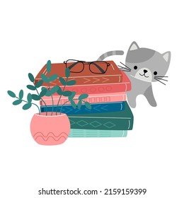 Reading lovers. Stack of books and cute cat. Books stickers. Decorative vector design elements. The concept of Read books.