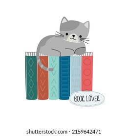 Reading lovers. Stack of books and cute cat. Books stickers. Decorative vector design elements. The concept of Read books.
