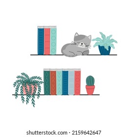 Reading lovers. Stack of books and cute cat. Books stickers. Decorative vector design elements. The concept of Read books.