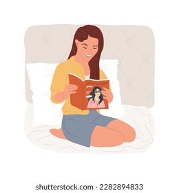 Reading magazines isolated cartoon vector illustration. Smiling teenage girl reading magazines about stars in bed, spending free time at home, relaxing in teen room vector cartoon.