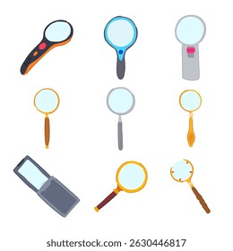 reading magnifier set cartoon. vision clarity, aid tool, glass handheld reading magnifier sign. isolated symbol vector illustration