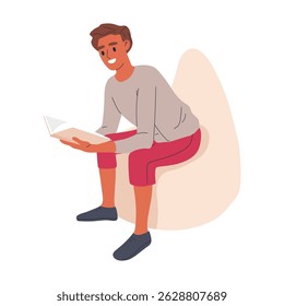 Lendo o homem. Estudando personagem masculino, amante do livro em poltrona acolhedora, homens com livro, leitura de fãs de literatura em posição confortável ilustração plana. Cara lendo em casa