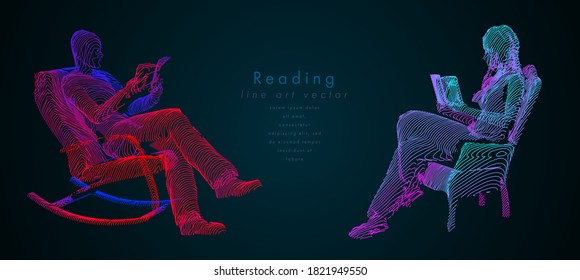 Reading man and woman sitting in comfy hanging chair vector line illustration. Set of vector concept book reading art
